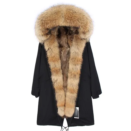 X-long зимняя женская куртка, пальто с натуральным мехом, парка с воротником из натурального меха енота, подкладка из лисьего меха, Толстая теплая Съемная уличная одежда - Цвет: black natural B