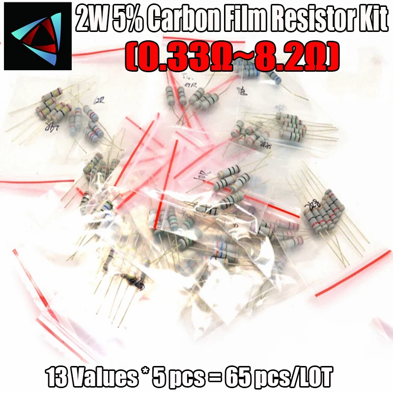 0.33R-8.2R Ом 2W 5% DIP резистор из углеродистой пленки, 13 шт. X 5 шт. = 65 шт., резисторы Ассорти комплект, сумка для образцов