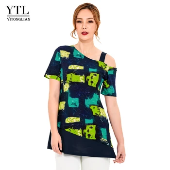 

Women One Shoulder Short Sleeve T shirt Printed Colorful Tunic Top Patchwork Chiffon Ruffle Hem Tee H216