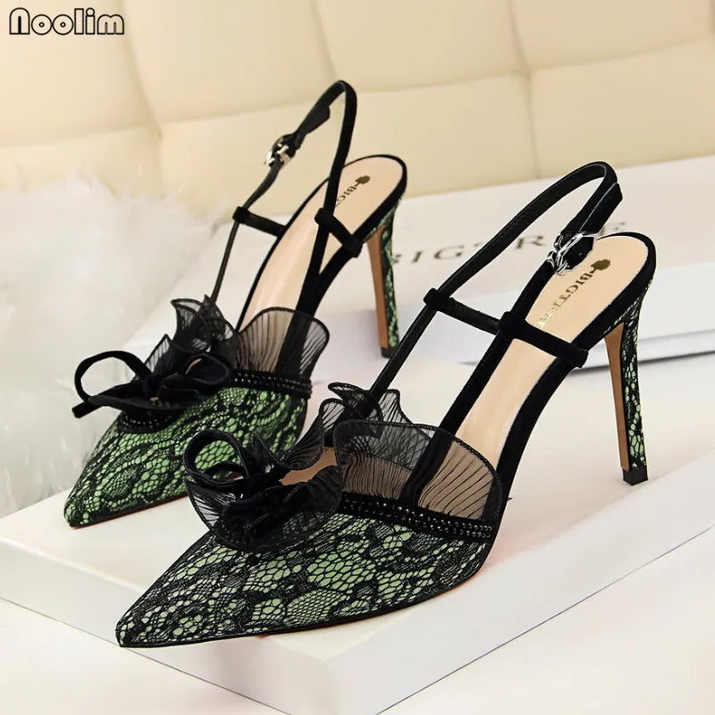 NOOLIM/Модная пикантная Женская обувь в европейском стиле на высоком каблуке для банкета вечерние босоножки со стразами на шнуровке с пряжкой, 313-5 - Цвет: Зеленый