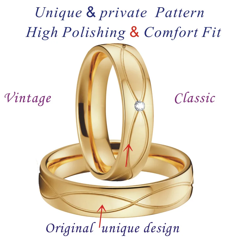 Unique Alliances Engagement Wedding Band Couple rings pair gold color Women's Rings Men's Ring anel de ouro bague anillos (2)