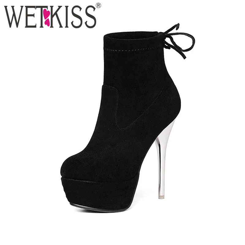 

WETKISS Latest Fashion Woman Ankle Boot Flock Stiletto Lady High Heel Boot Platform Lace Women Booties Shoes 6 Color Size 34-43