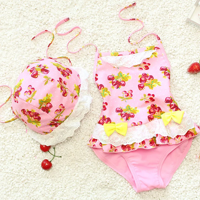 

Floral Girls Bikinis Sets one Pieces With the swimming cap Dress Toddlers Swimsuits Bathing Suits Baby Swimwears Clothes New