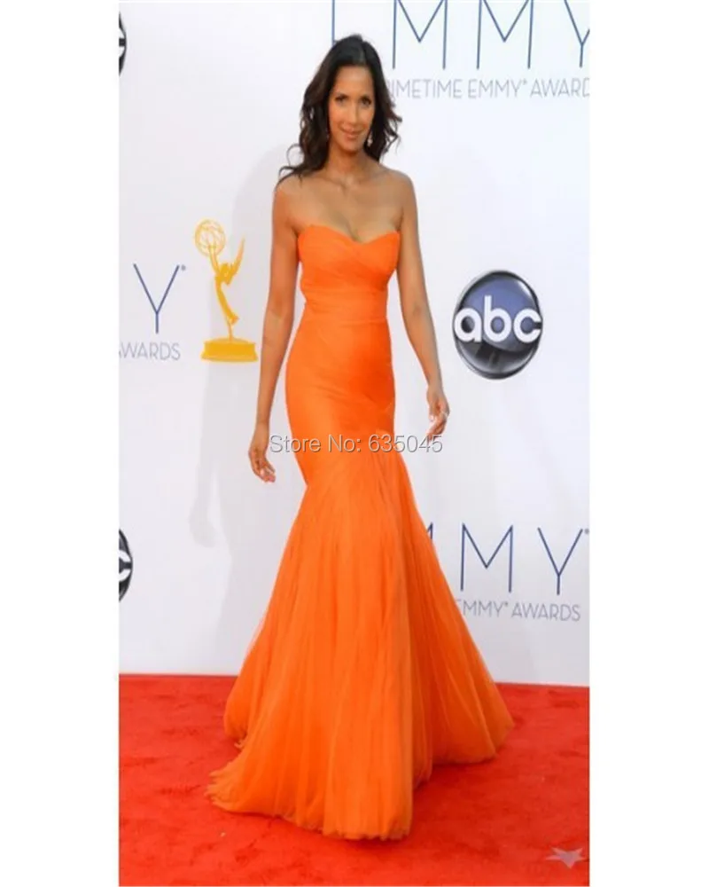 2015 Custom Made Orange Tulle Pleat Mermaid Celebrity Dress Red Carpet