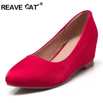 

REAVE CAT Big size 30~50 Hot sale Sapatos femininos Pointed toe Spring summer Women shoes Flock Wedges Mid heels Fashion QL4828