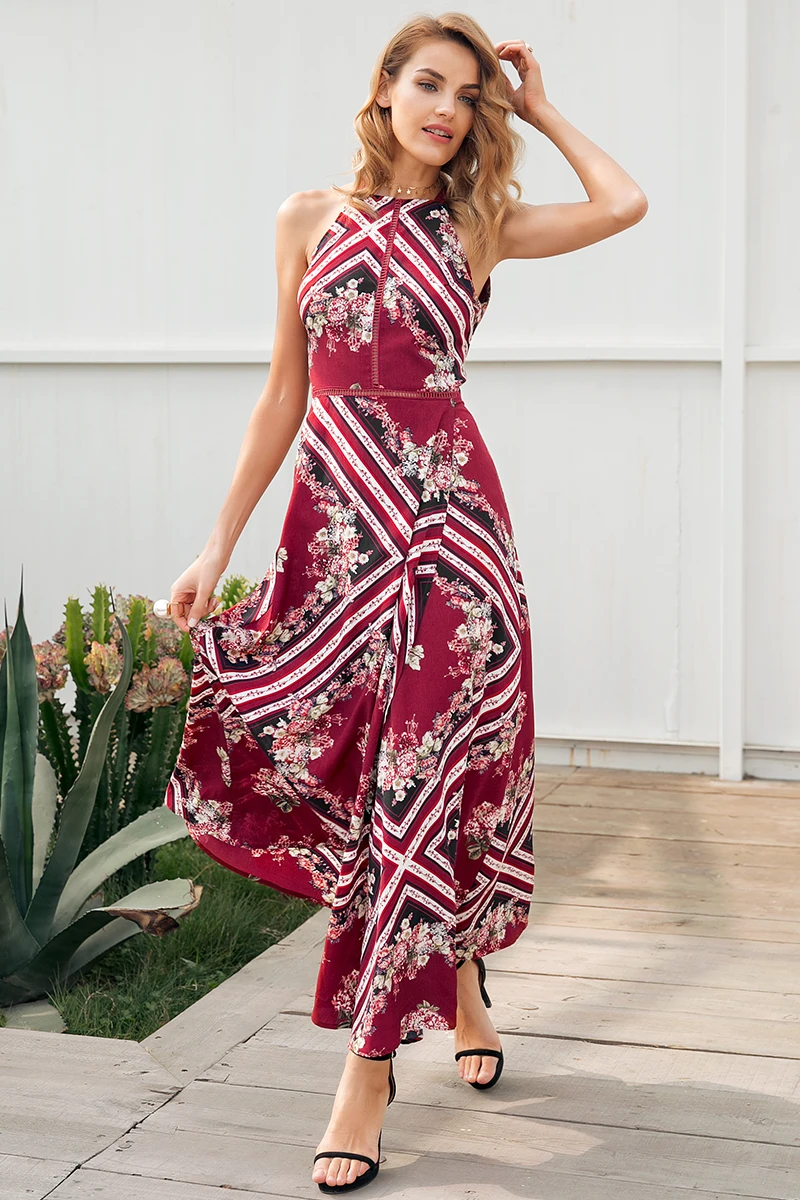 Simplee сексуальное платье с открытой спиной и принтом, женское платье с элегантной талией, Бохо длинное платье, летнее Пляжное Платье Макси