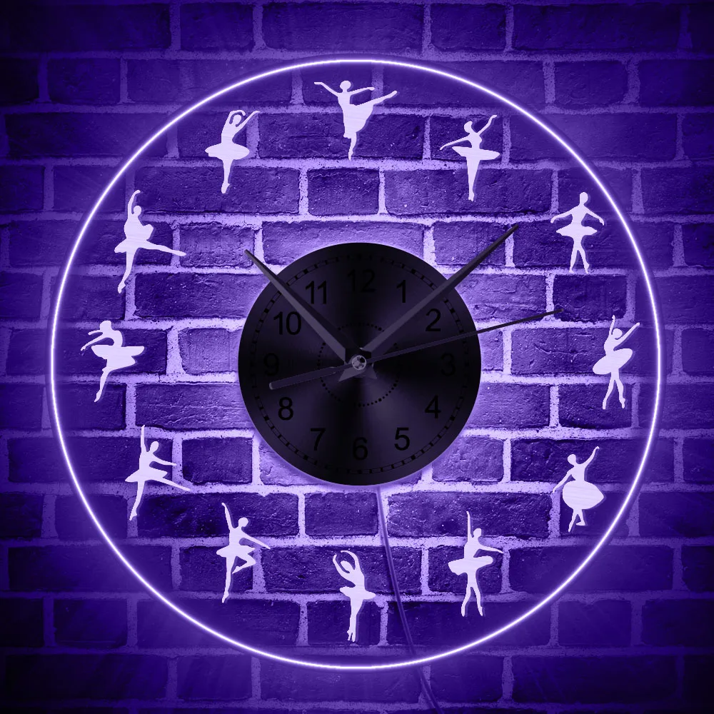 Балерина светодиодный настенные часы знаковых танцоров акриловый край горит прозрачные декоративные часы настенные часы с разноцветными подсветкой