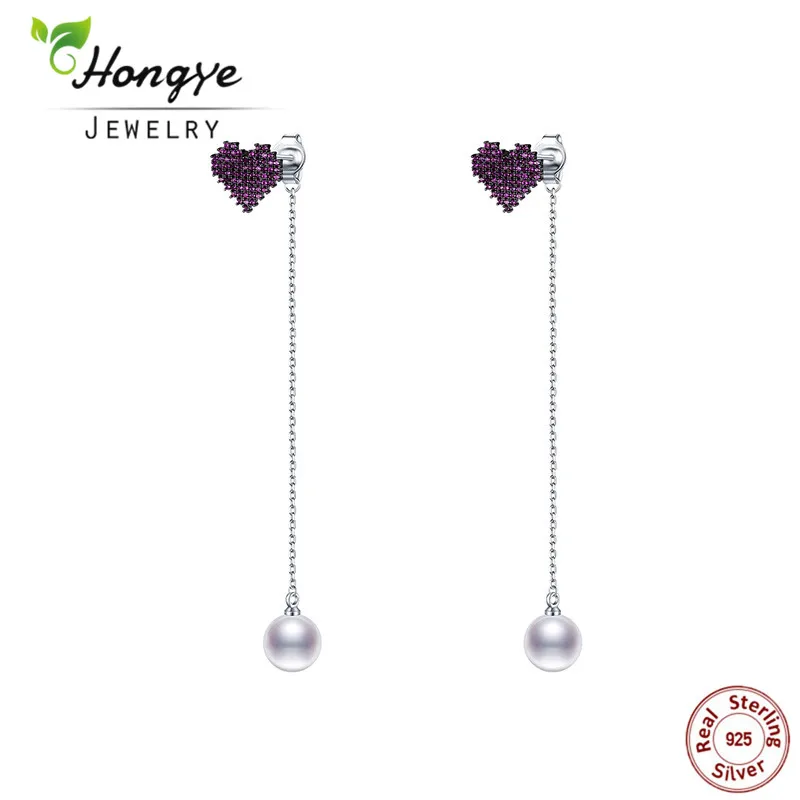 

Hongye Elegant 100% 925 Sterling Silver Earring With Zircon Purple Heart Push-back Long Chain Drop Earrings for Women Girl Party