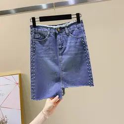 Модная женская джинсовая короткая юбка 2019 Новая летняя Harajuku заклепки нерегулярные колено Повседневная джинсовая юбка Женская высокая