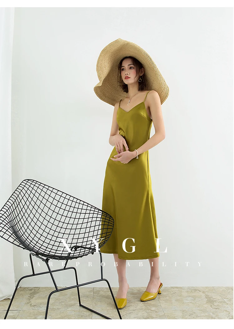 Cakucool Summer Satin Slip Dress Spaghetti Strap Vintage Slim Vestido Brief Elegant Beach Mid Long Silk Dresses Sundress 5color