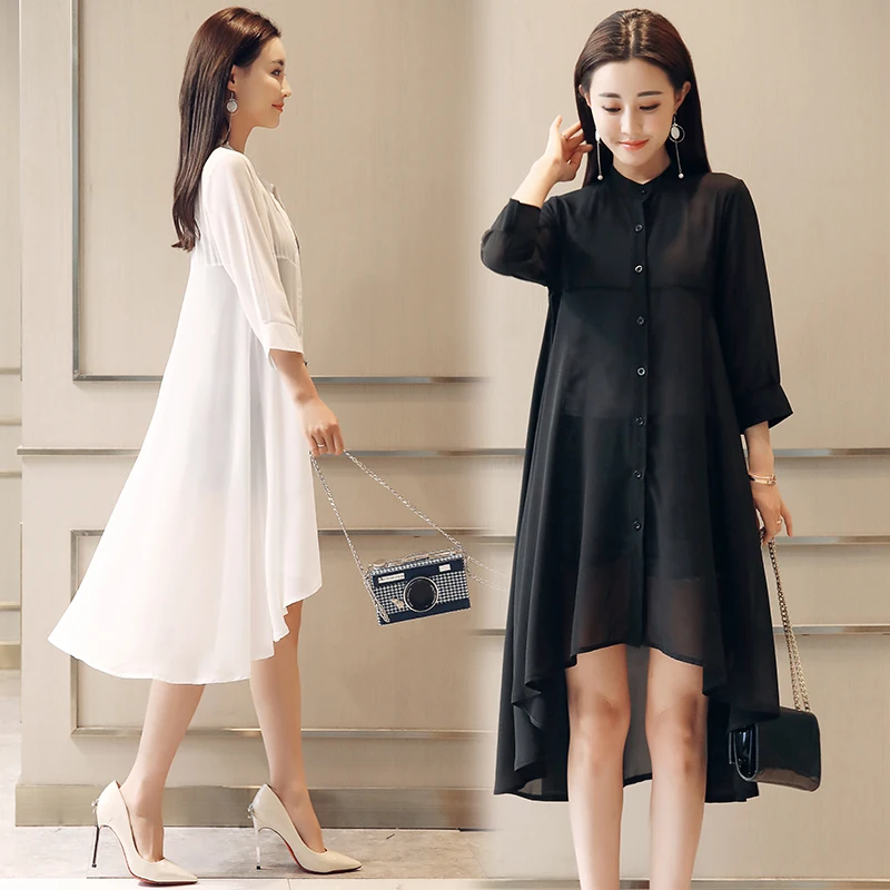 2019 Summer Chiffon Blouse Women Stand Collar Loose Tops Blouses Plus Size Chiffon Kimono Cardigan boho Black White Shirts