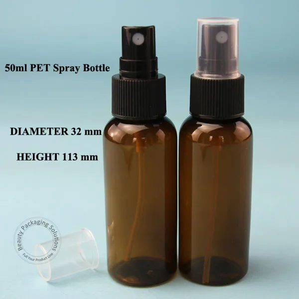 

Wholesale 100pcs/lot 50ml Amber PET Perfume Atomizer Spray Bottle Cosmetic Liquid Black Plastic Cap Vial for Water Pot