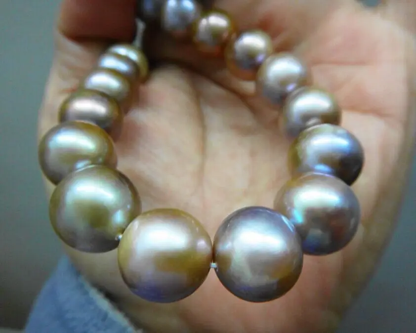

Huge 18" Natural South Sea genuine lavender perfect round pearl necklace 14KGP