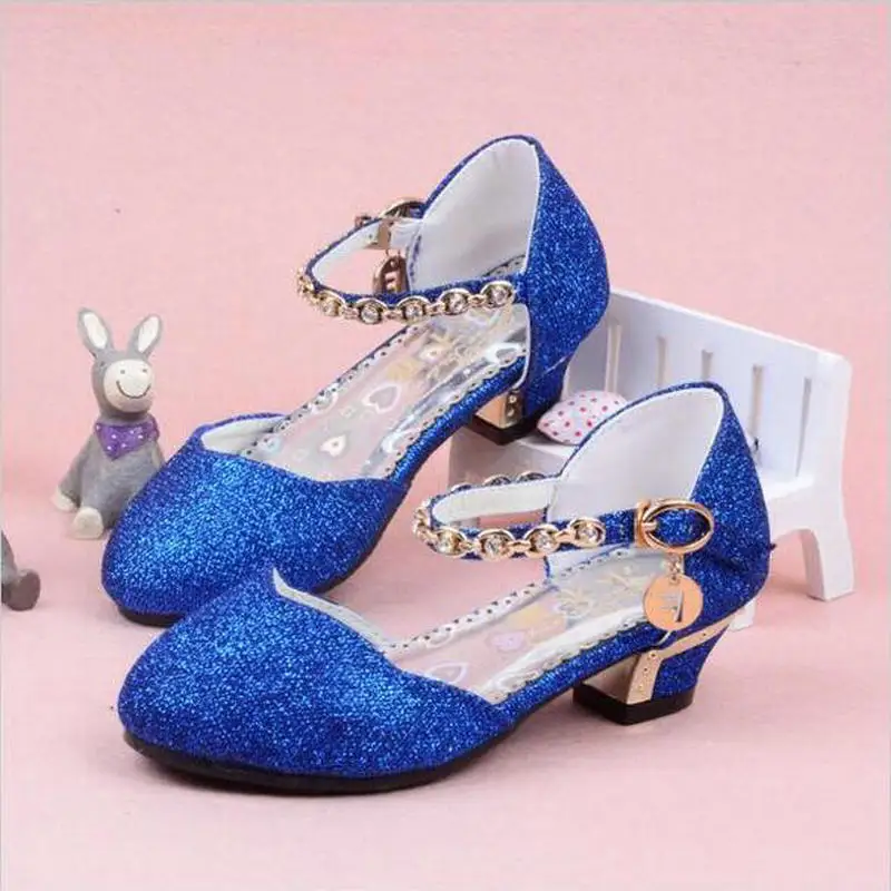 

2017 New Enfants Children Princess Sandals Kids Girls Wedding Shoes High Heels Dress Shoes Party Shoes For Girls Pink Blue Gold