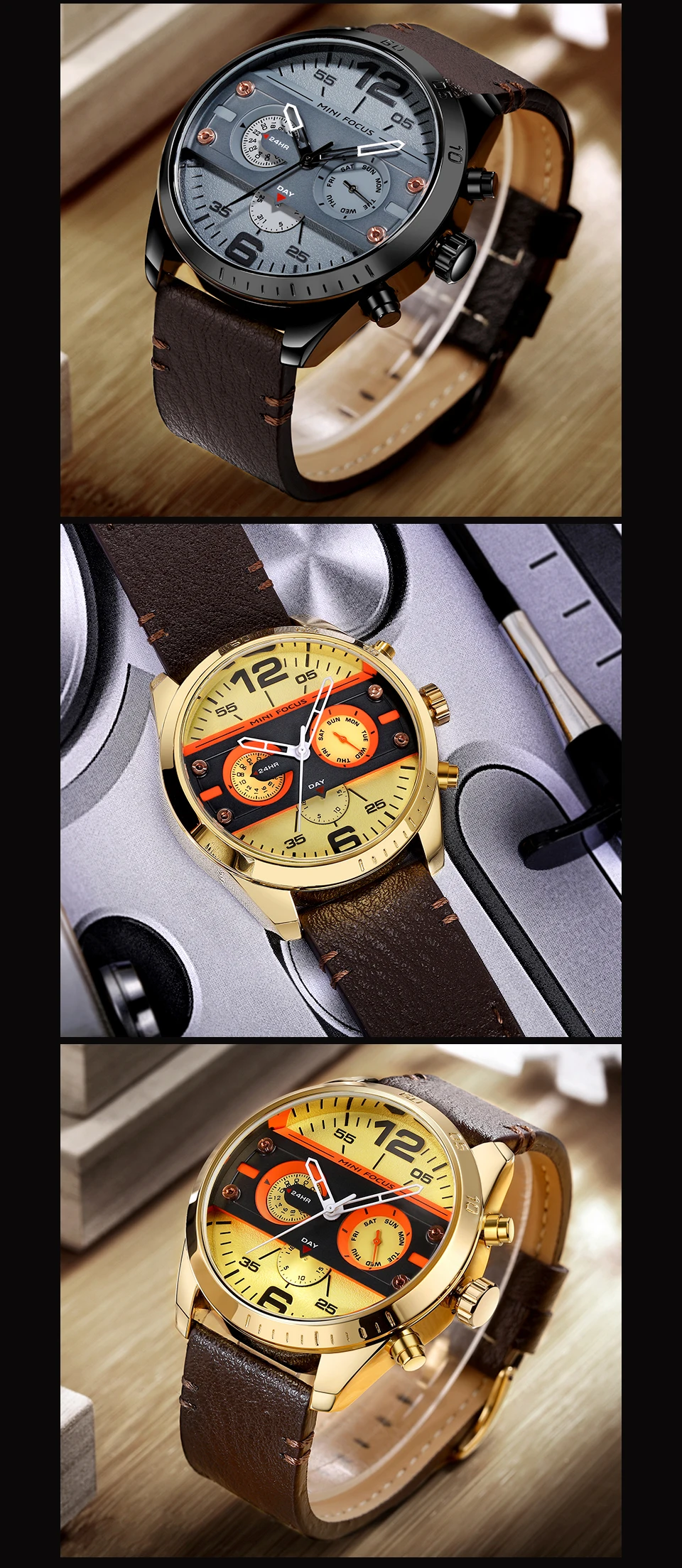 MINIFOCUS Хронограф Мужские повседневные спортивные кварцевые часы мужские s часы лучший бренд класса люкс кожаные военные часы наручные мужские часы