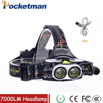 

LED Headlamp Headlight 2 T6 7000LM Head Lamp Fishing Hiking Light Lanterna with SOS Whistle USB charger