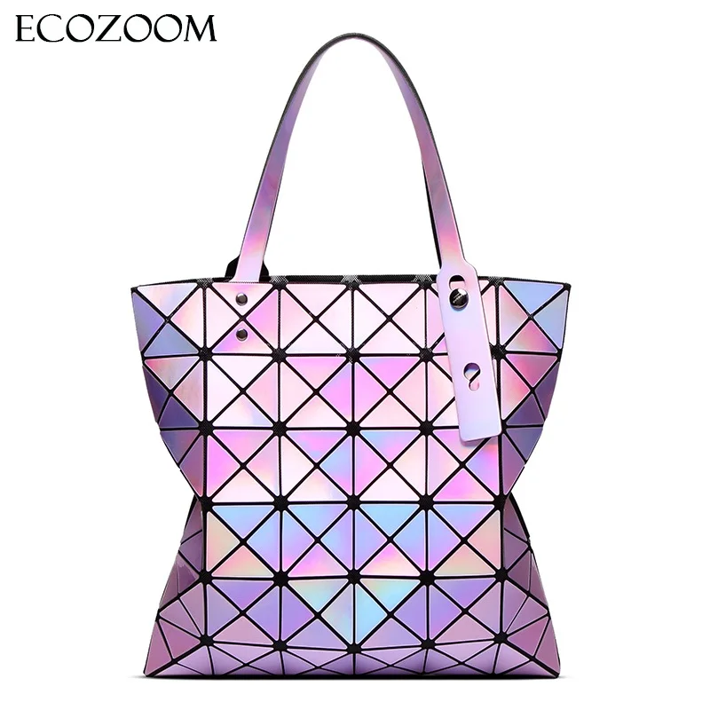 

Famous Brands Women Laser Bright Tote Lady Geometry Diamond Lattice Sequins Fold Over Pearl Bag Hologram Handbags