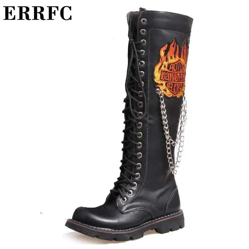 

ERRFC Designer Fashion Motorcycle Boots For Men Black 47cm Long Punk Rock Riding Boot Men Leisure Fire Emboridered Chains Shoes
