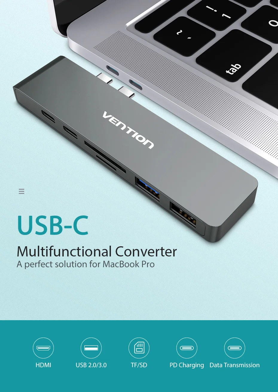 Адаптер Vention USB C с двумя портами type-C-HDMI 4K USB 3,0 SD/TF PD Thunderbolt 3 для MacBook Pro Air / type-C