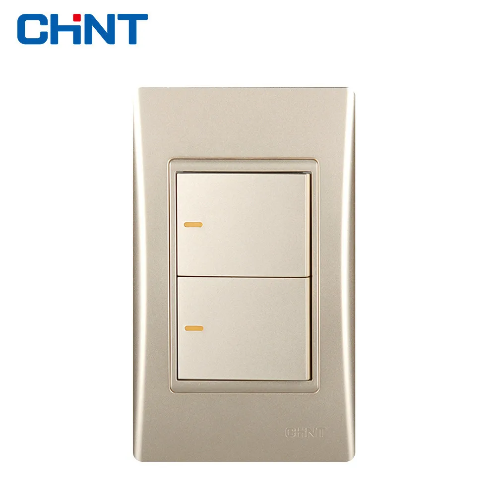 

CHINT Lamp Switch 120 Type NEW9L Security Steel Frame Wall Switch Socket Golden Two Gang Two Way