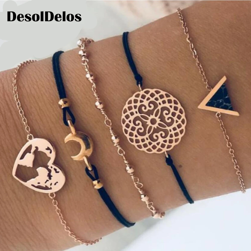 

5 Pcs/ Set Punk Heart Map Wave Beads Flower Digital Chain Leather Gold Multilayer Bracelet Set Women Exquisite Clothing Jewelry