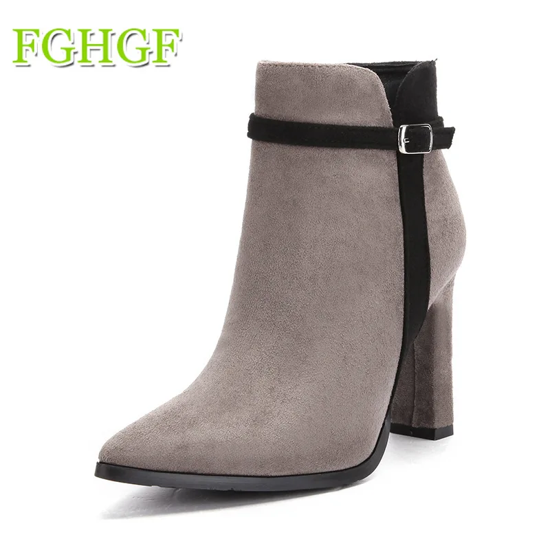 

2019 Autumn and Winter Suede Pointed Boots High Heels Belt Mouth Martin Boots Color Matching Women's Boots