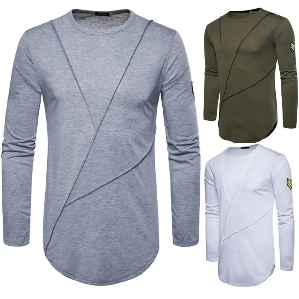 

Men Long Sleeve Shirt Solid Color Slim Fit Y Fork Seam Patchwork Shirt Collarless Shirts Casual Pullover Bottoming Top