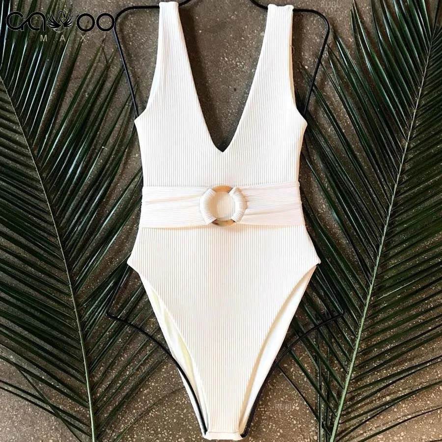 NEW Neon Bikini Women White Swimwear V Neck One Piece Swimsuit Female Bather Bathing Suit With Belt Push up Monokini