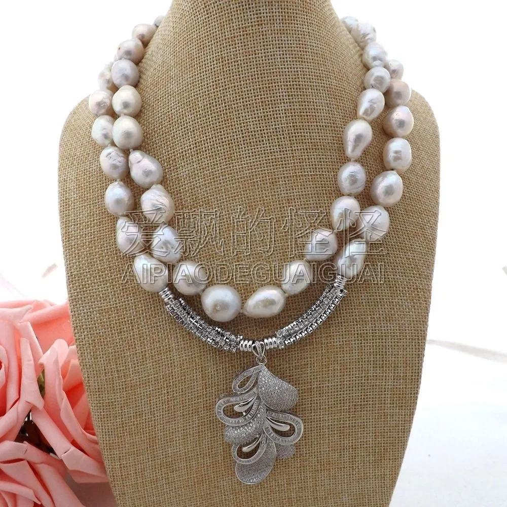 

N062307 18" 2 Strands White Keshi Pearl Necklace CZ Pendant