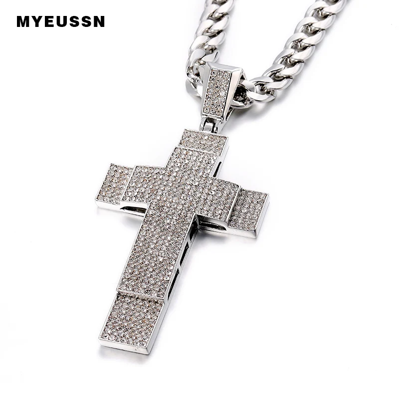 

Double Wide Border Bling Cross Pendant Men Iced Out Chain Zircon Hip Hop Top Quality Charm Necklaces Stainless Steel Pendants