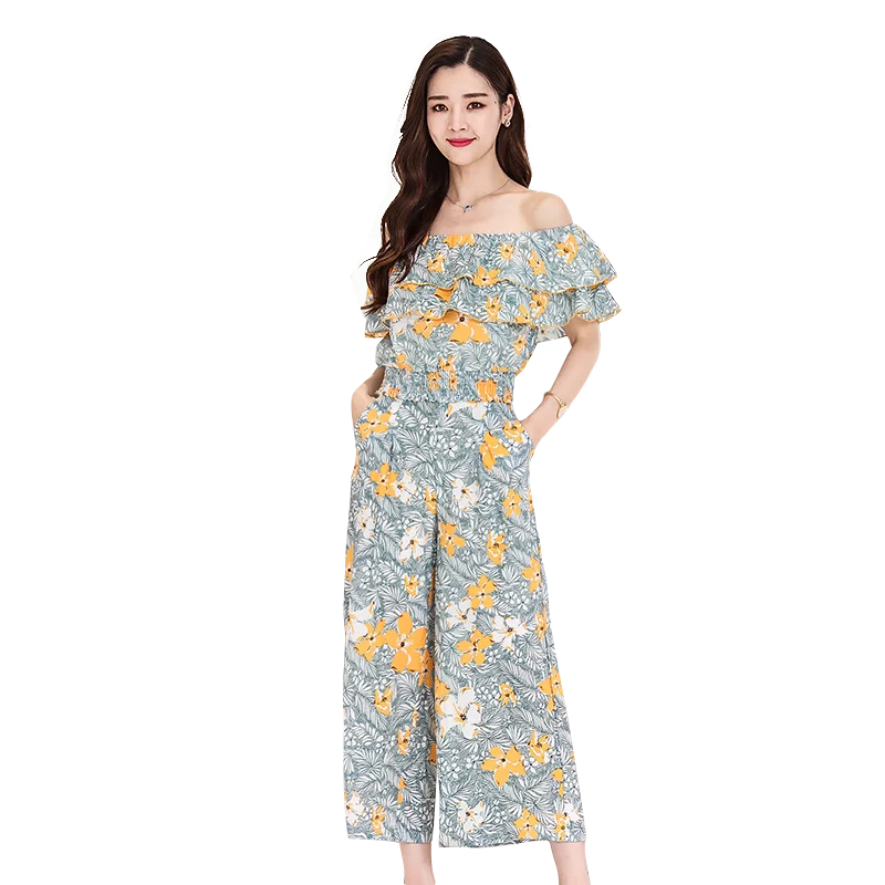 

2019 summer new chiffon printing set women's trousers temperament waist was thin one word shoulder wide leg pants
