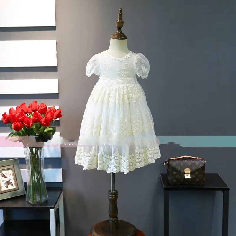 

2018 summer new children's clothing girls waist pearl lace dress children short-sleeved princess dress