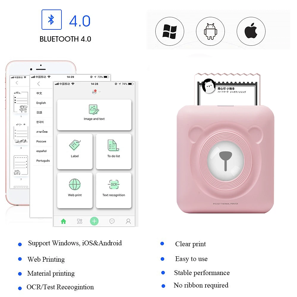 

ISSYZONEPOS Mini Photo Printer Family/Pets Bluetooth Label Printer For Children Print Notes Office Text List For iOS/Android/Win