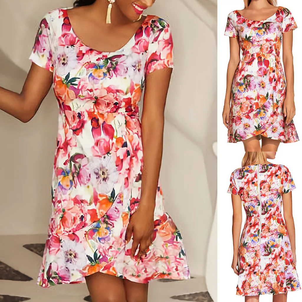 

Summer Women's Floral Printed O-Neck Short-Sleeve Crossdress Short Dress Woman Casual Slim Evening Party Dress Beach Sundress