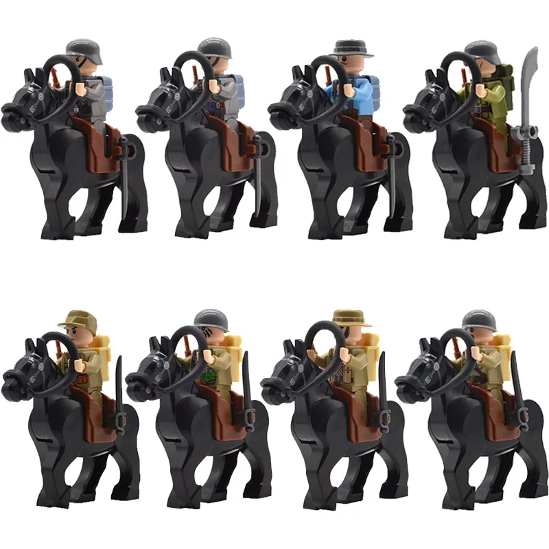  8pcs/set WW2 Cavalry Military Soldiers War Horse with Backpack Sword Rifles Guns Building Bricks Bl