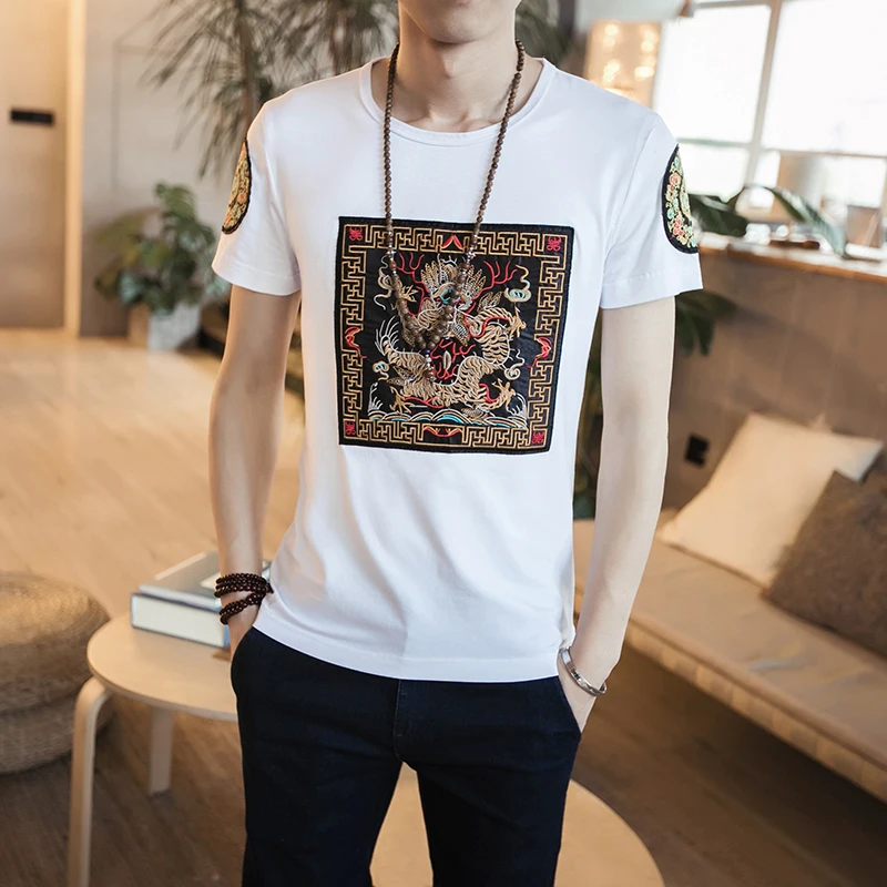 

Chinese Style T-Shirt Men Dragon Embroidery Cotton Short Sleeve Casual Slim Fit Tees Black White Plue Size Stretch T-shirt Male