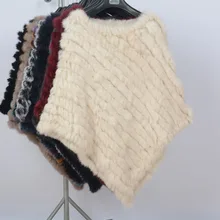 Women Fashion Solid Pullover Knitted Genuine Rabbit Fur Poncho Cape Ladies Real Fur Knit Amic Wraps Triangle Shawls Outwear Coat