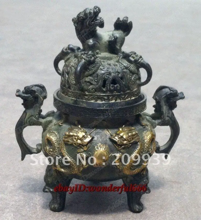 

0116P Chinese Folk Collection Bronze Copper Gilt Dragon Statues lucky Incense Burner fast shipping (A0321)