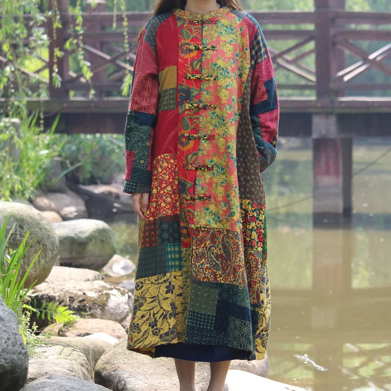 Koop 2020 Lente Winterjas Losse Vintage Toevallige Geul Lange Windjack Katoen Linnen Patchwork Overjas Dikke Katoen Gewatteerde Parka