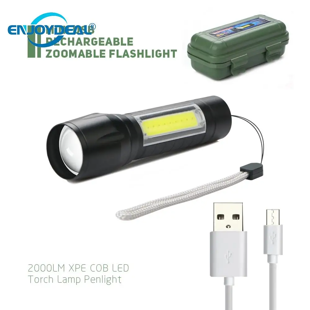 LED Flashlight USB 2000LM XPE COB Torch Lamp Zoomable Cob Work Light