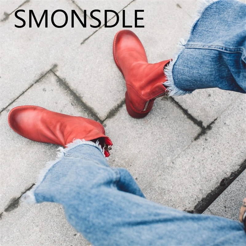 2018 New Spring Autumn Genuine Leather Women Ankle Boots Round Toe Back Zipper Thick Low Heel Shoes Woman Black Red Ladies Boots 2018 New Spring Autumn Genuine Leather Women Ankle Boots Round Toe Back Zipper Thick Low Heel Shoes Woman Black Red Ladies Boots