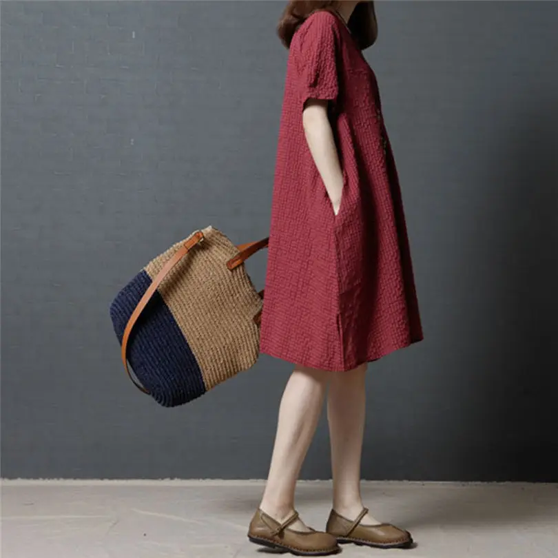 New Fashion Women Girls Summer  Patchwork Short Sleeve Beach O-Neck Loose Sweet Dress Casual Daily dress #5F09 (9)
