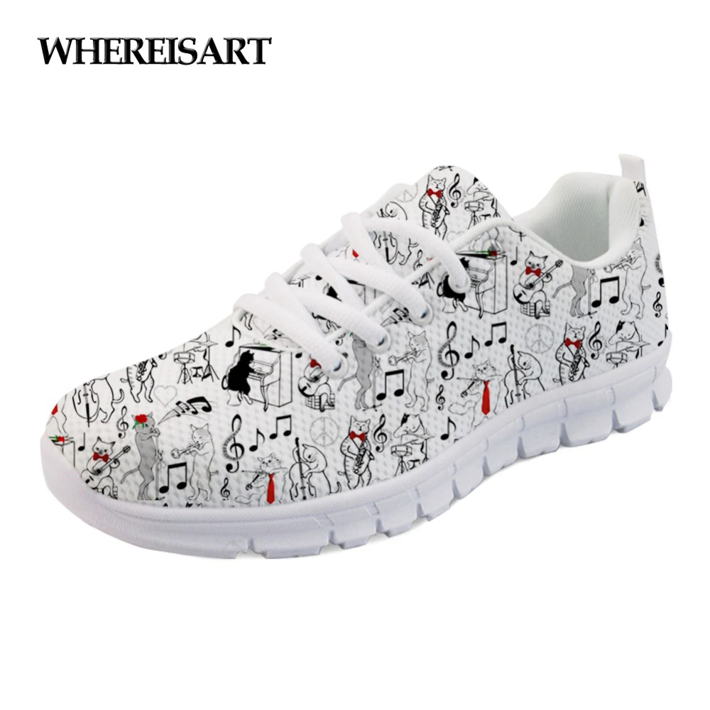 

WHEREISART Funny Animal Cat with Music Print Women Shoes Flats Autumn 2019 Casual Women's Shoes Woman Light Mesh Zapatos Mujer