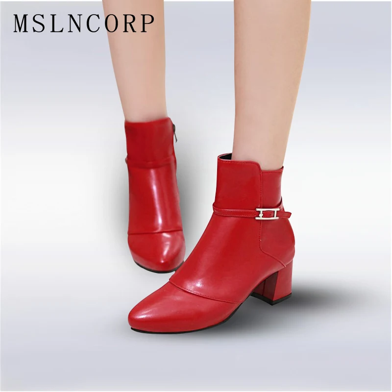 

plus size 34-44 Women Buckles Ankle Boots Autumn Winter Thick High Heel Martin Boots Zip Leather Shoes Ladies Motorcycle Boots