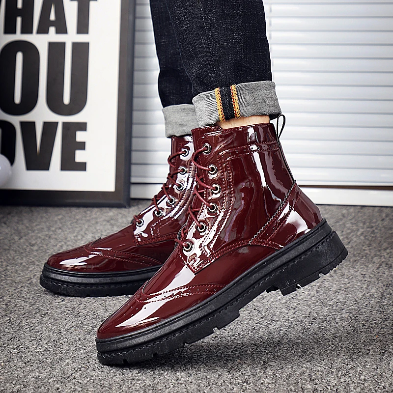 

Vintage Chunky Boots Rubber Motorcycle Boots For Men PU Leather Steel Toe Safety Boots For Men Red Martins Mens Fashion Boots
