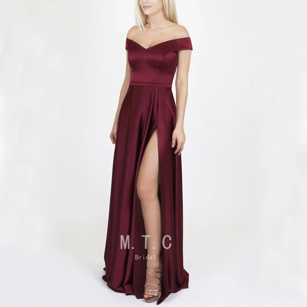 

Charming Long Satin Evening Dress High Slit A Line Off The Shoulder 2019 High Quality Prom Gowns Vestido De Festa Custom Made