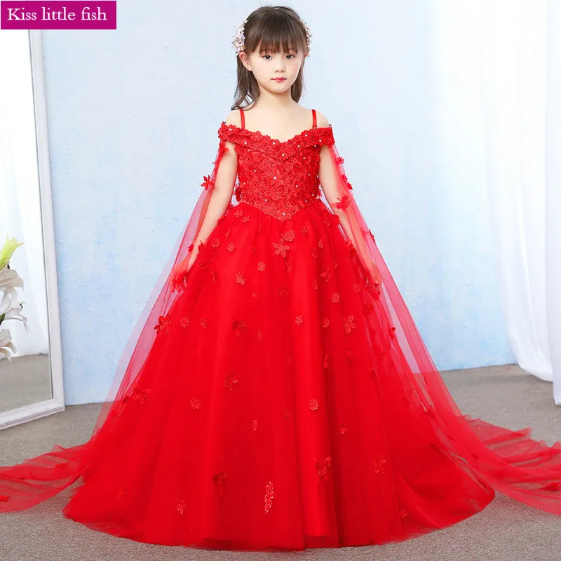 ; Красные Длинные Пышные Платья для девочек; Vestido infantil festa; платье с цветочным рисунком