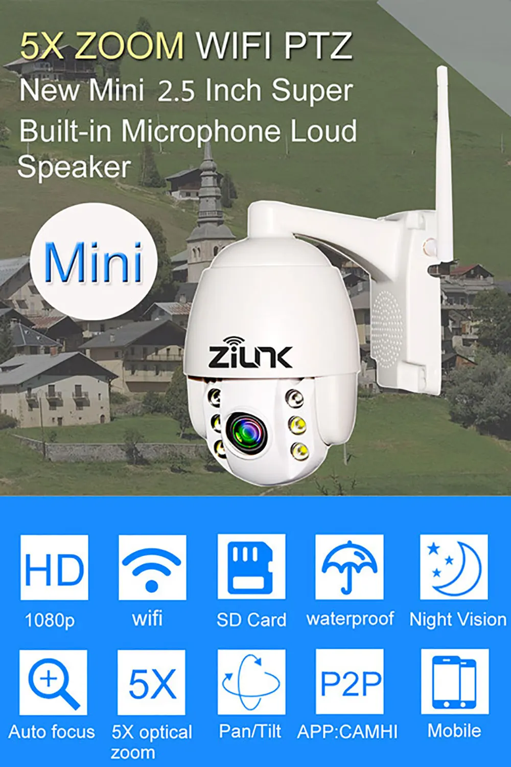 ZILNK IP камера wifi PTZ 5X Zoom 1080P HD двухстороннее аудио 2MP беспроводная безопасность Внешняя скорость мини-камера Купола Onvif CamHi