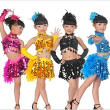 Для детей девочек блестками коктейльное платье с пером юбка Бальные Танцы платье костюм костюмы для латио-американских танцев(для ча-распродажа
