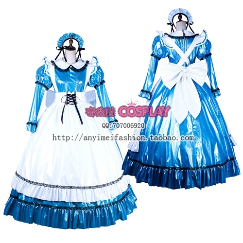 

Free Shipping Gothic Lolita Blue Satin Sissy Maid Dress Cosplay Costume Tailor-made Maid Costume